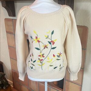 NOW by KENZO Floral Embroidered Balloon Sleeve Cream Sweater, size S/M